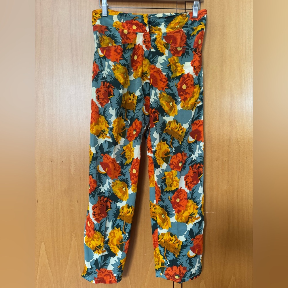 Wide Leg Floral Pants in Teal with Red & Yellow Blooms